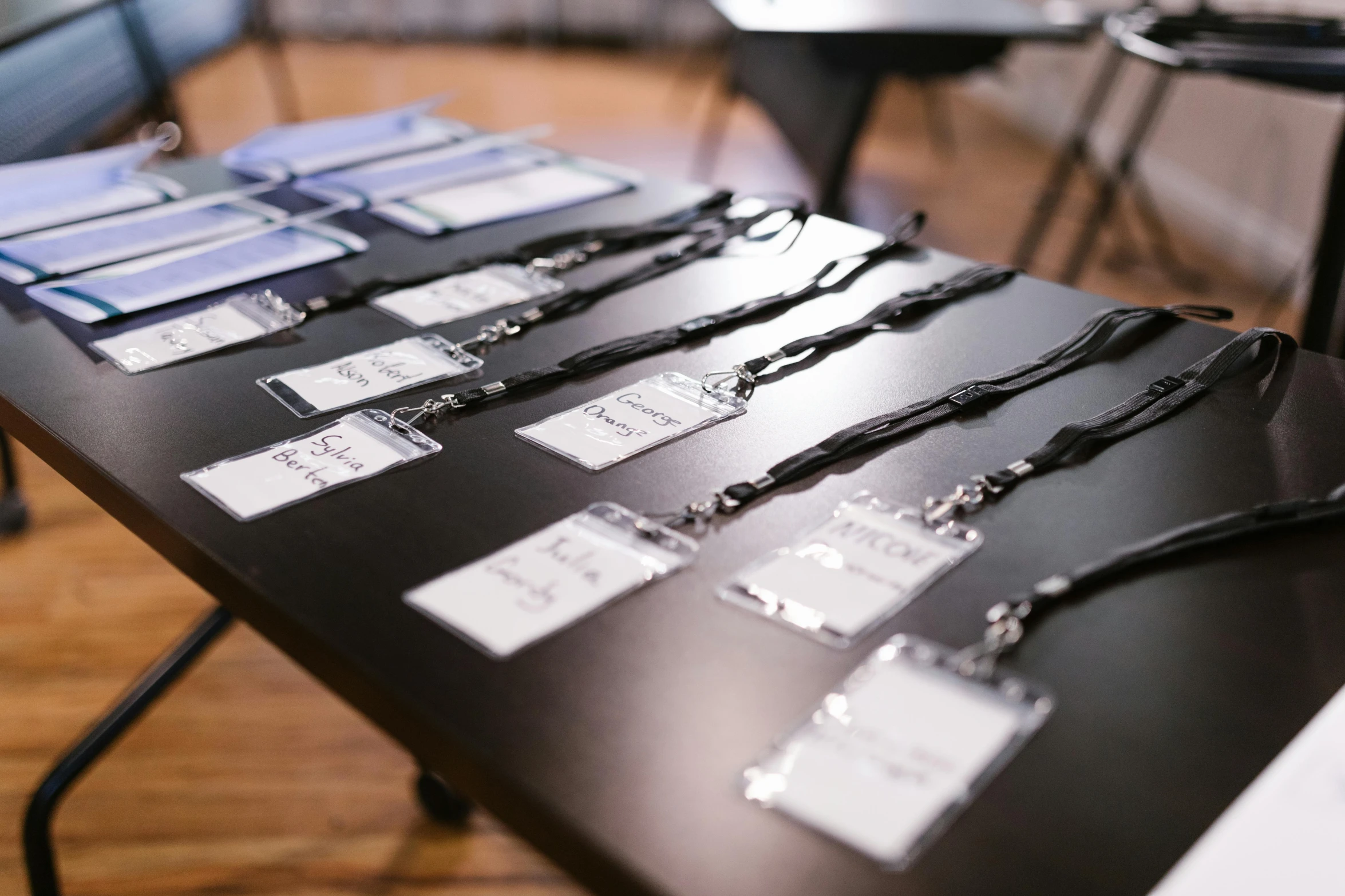 a long table has several cards attached to them