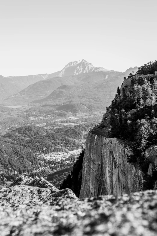 a black and white po of mountains that has trees