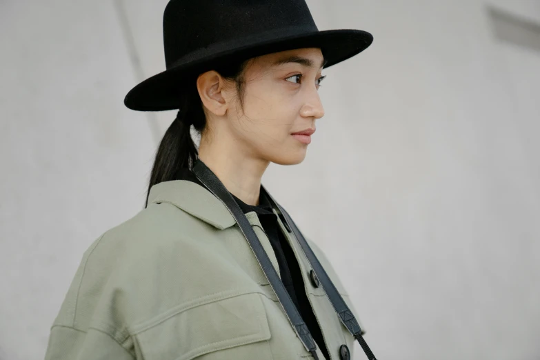 a young woman wearing a black hat and jacket