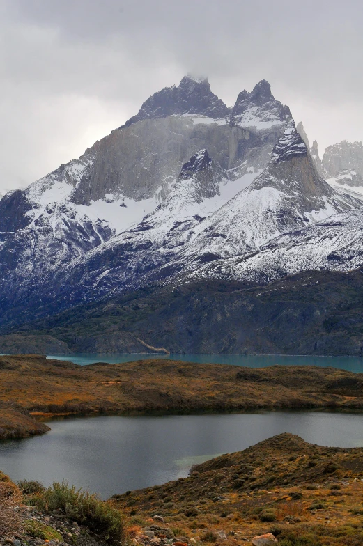 a mountain view with some lake in the foreground