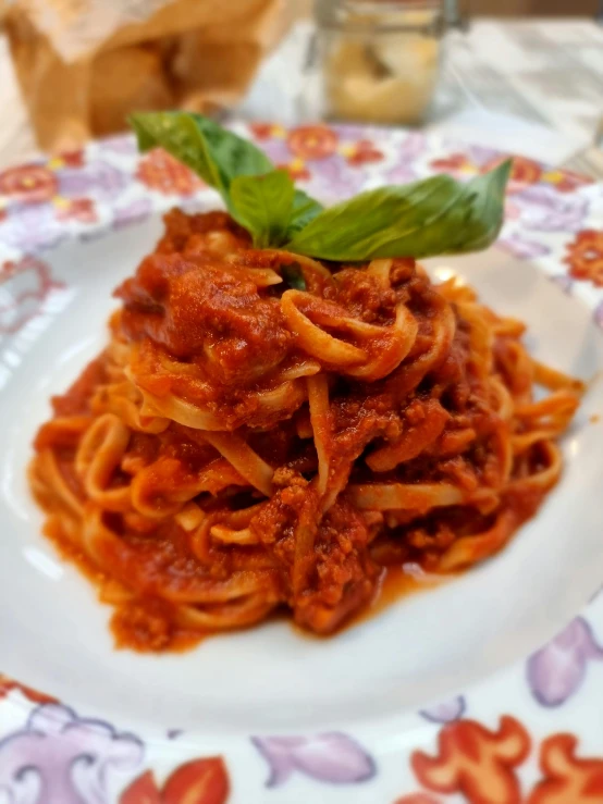 a plate full of pasta with basil sitting on the side