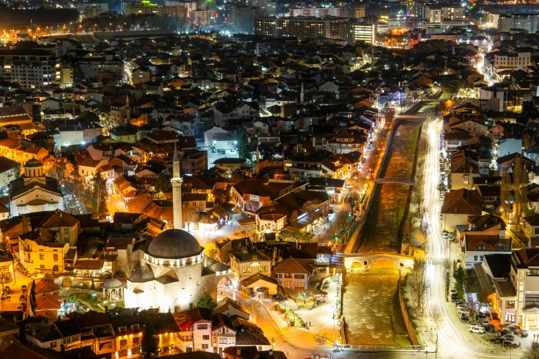 a bird's eye view of an urban area at night