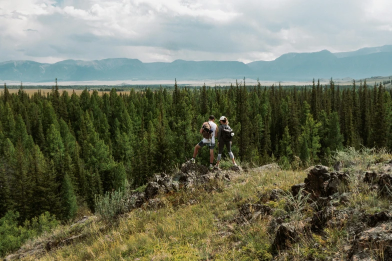 a couple walks down a steep path near a forest