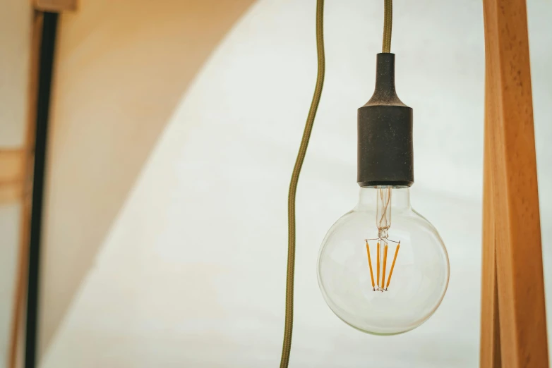 light bulb with wooden frame on floor in room