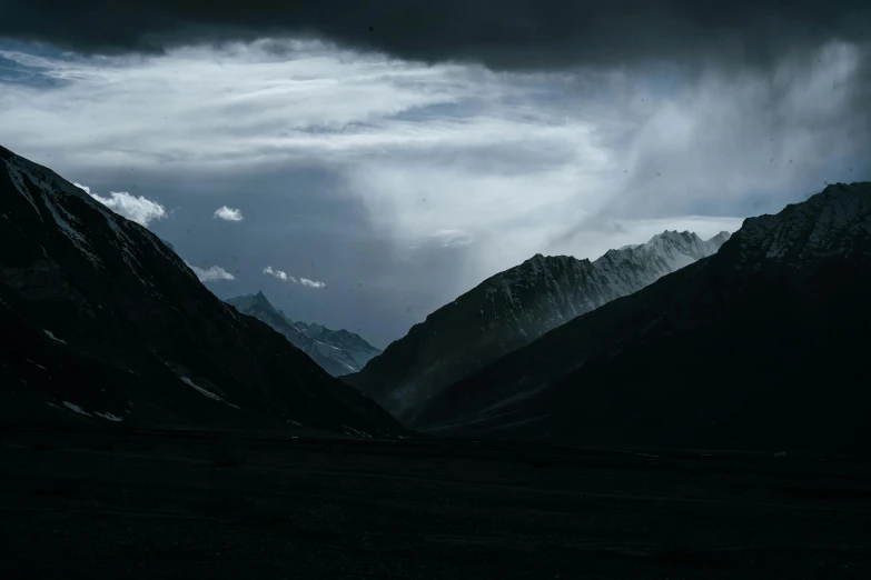 mountains covered in snow under a dark sky