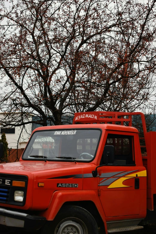 an orange truck parked in front of a tree