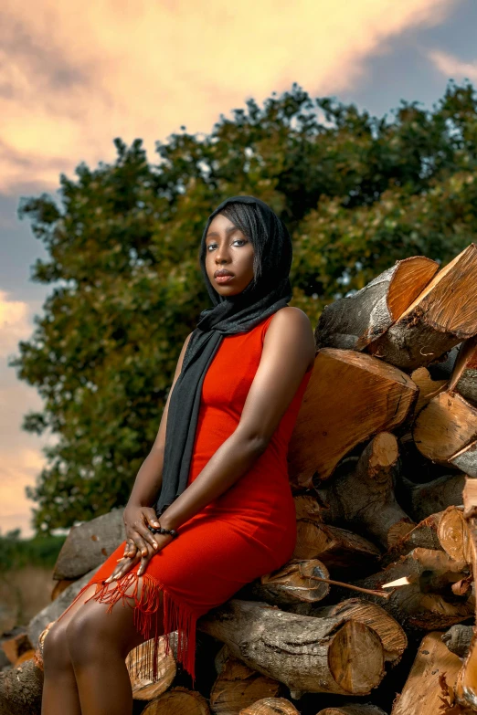 a woman in a red dress is sitting on a pile of wood