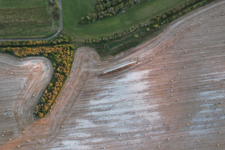 aerial view of a plowed field in the fall