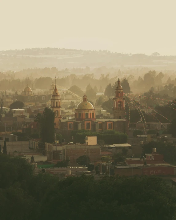 a city filled with tall brown buildings surrounded by trees