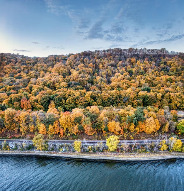 the sky above a mountain with trees that are changing color