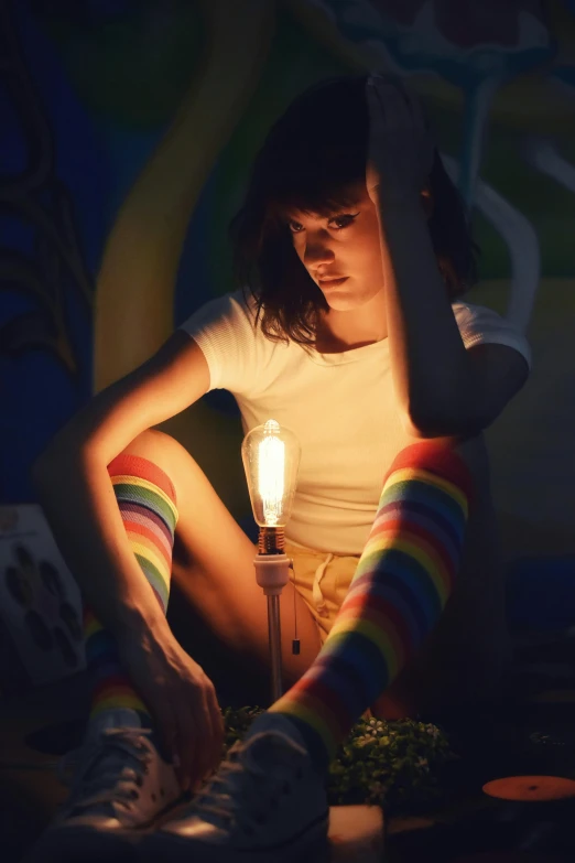 a girl sits against a wall with an old fashioned lamp shining in her hand