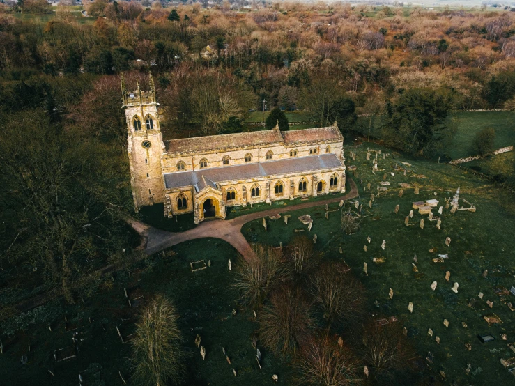 an old church tower towering over a small flock of sheep