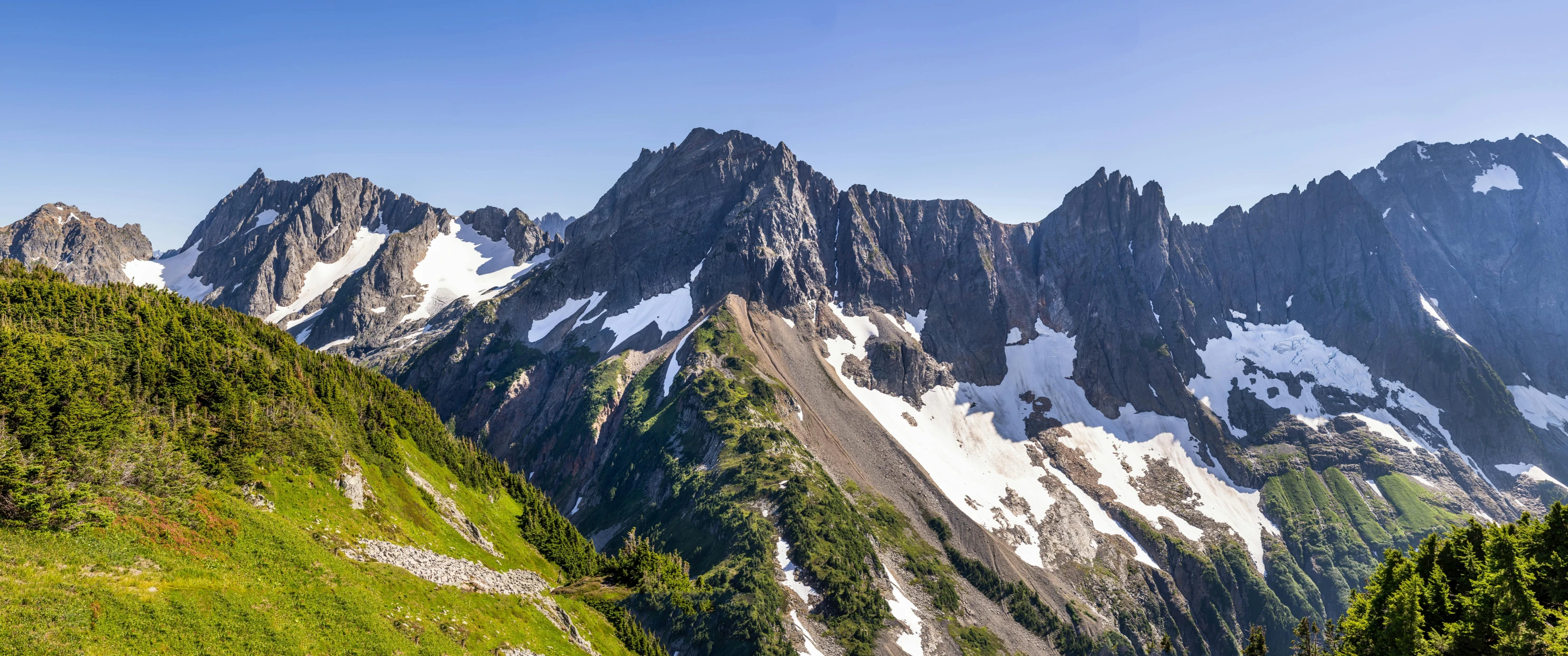 the tall mountain range is surrounded by lush green and white grass