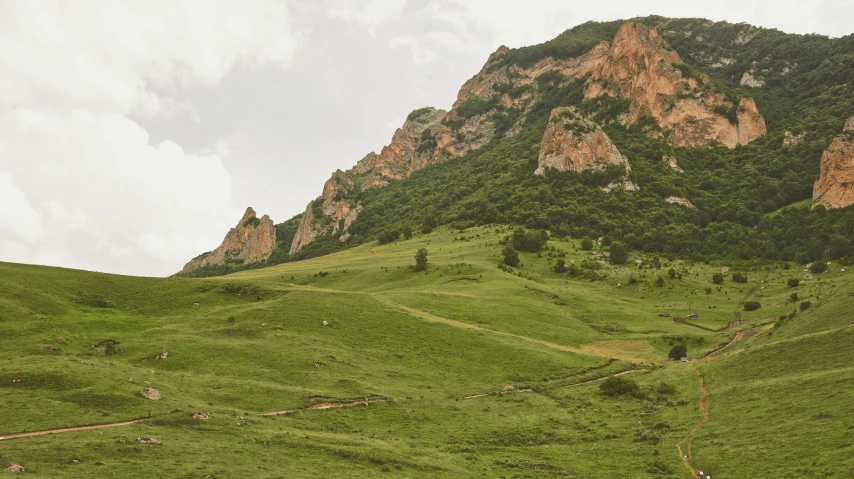 a mountain in the middle of a field