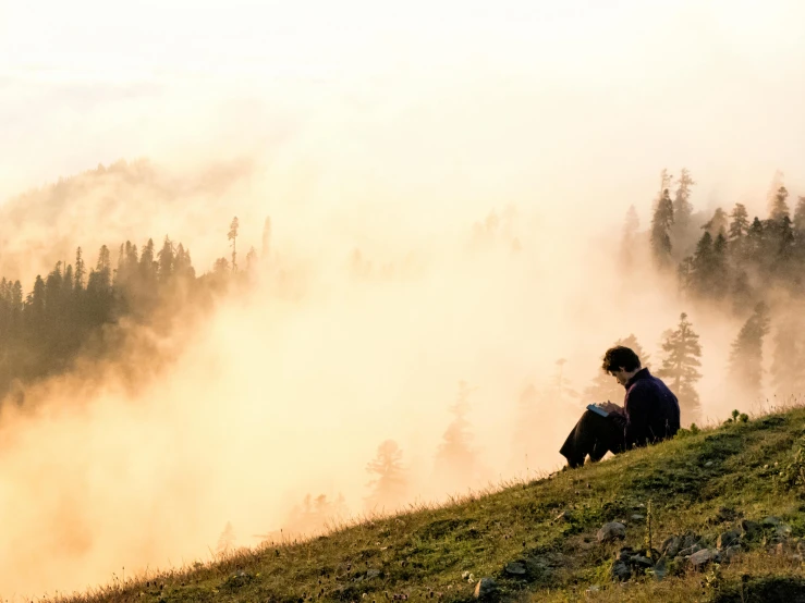 the person is enjoying a misty view on the hill