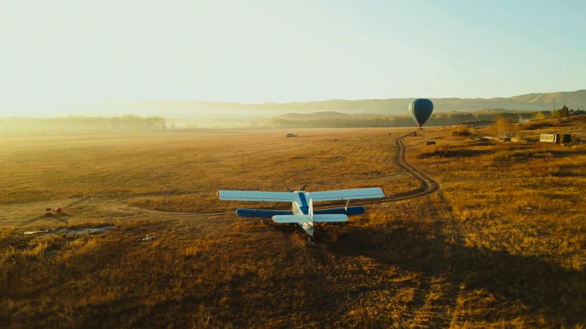 an airplane in a field with trees and balloons