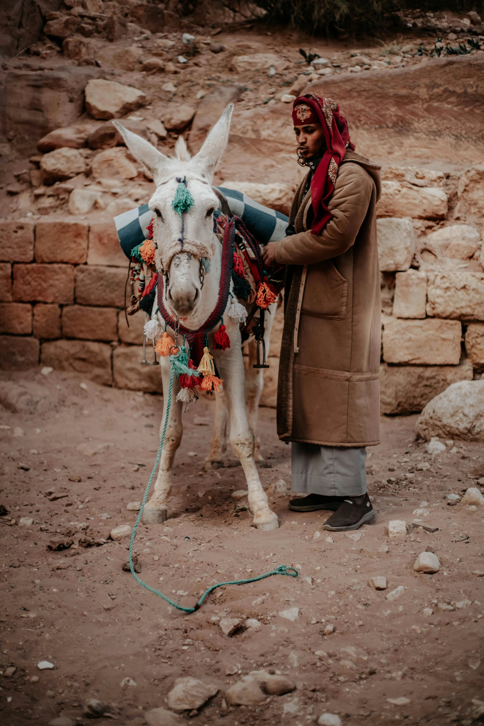 a person wearing a colorful head scarf is petting a donkey