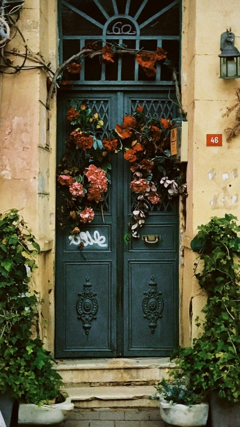 two large pots of flowers sit outside the door