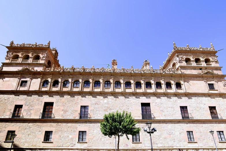 a tall building with many windows next to a tree