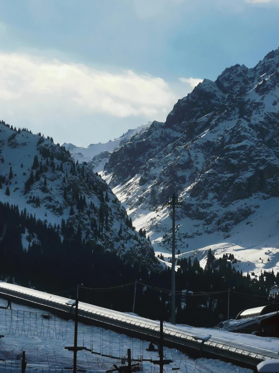 snow covered mountains and mountains in the background