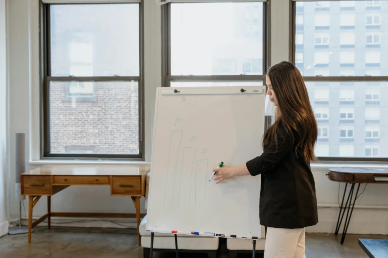 the woman is writing on the white board