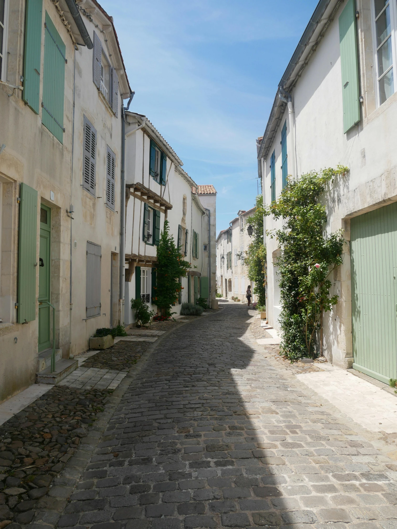 a cobblestone road between two buildings with green shutters