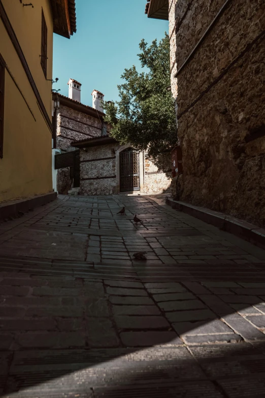 an alleyway of buildings on a sunny day