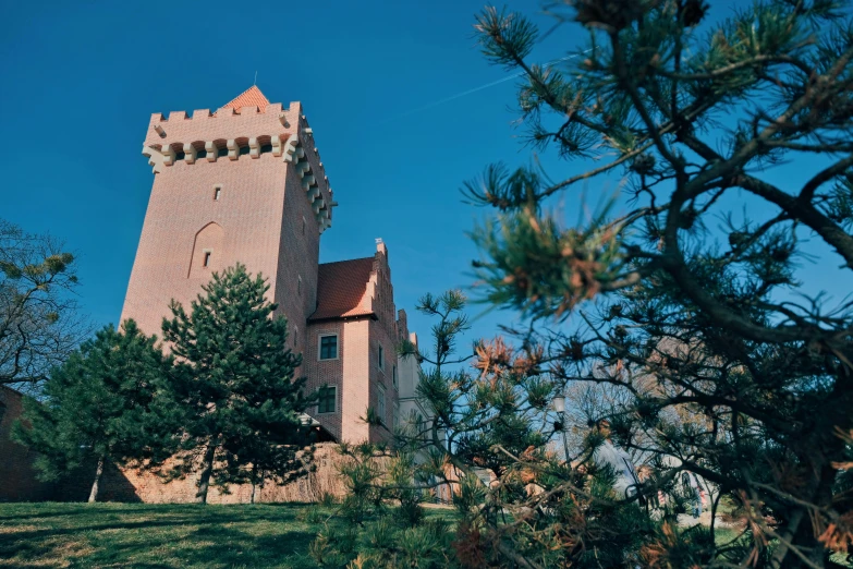 the tower of a building near some trees