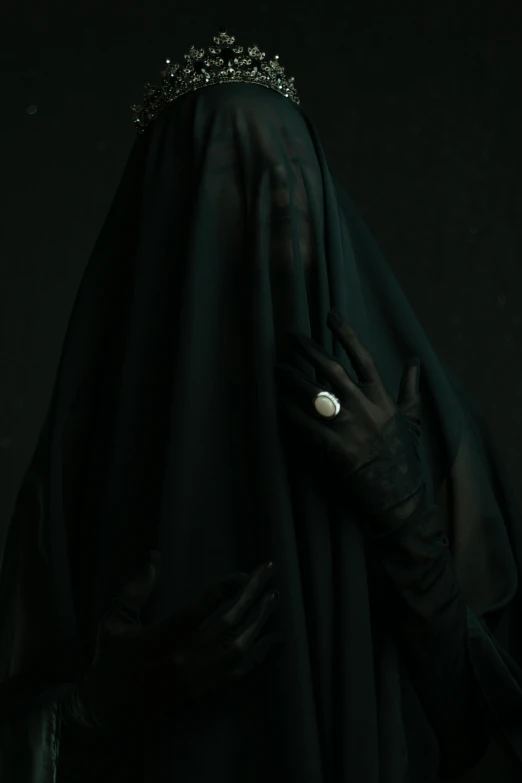 a person in black clothing and gloves standing under a veil
