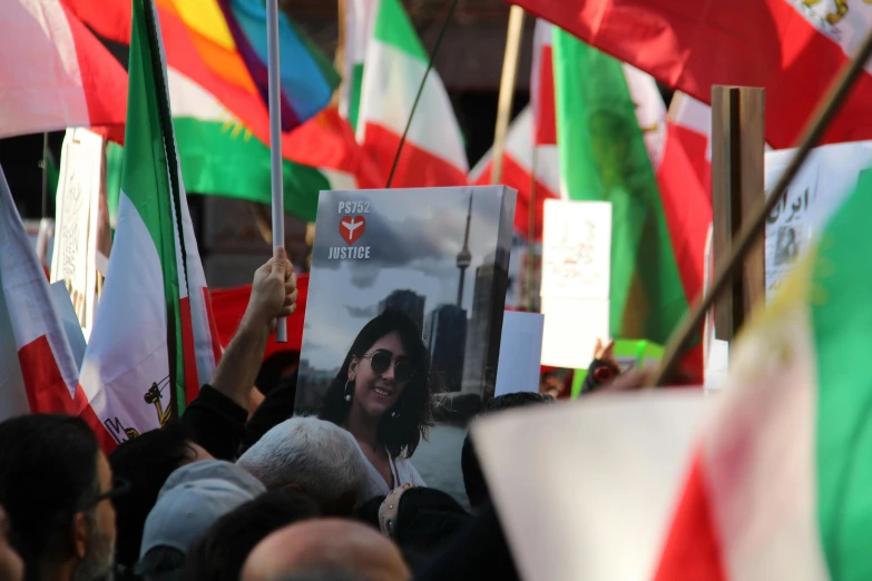 a crowd of people holding different colored flags