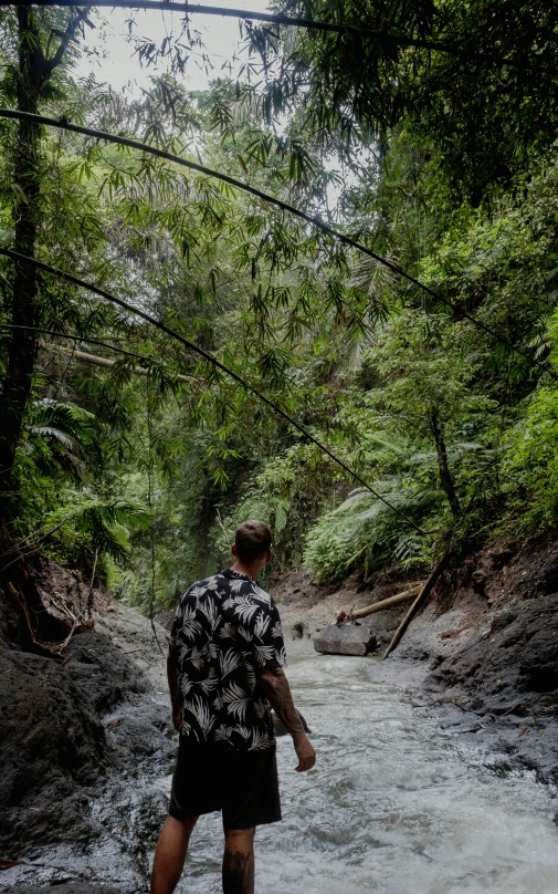 a man walking across a creek in the woods