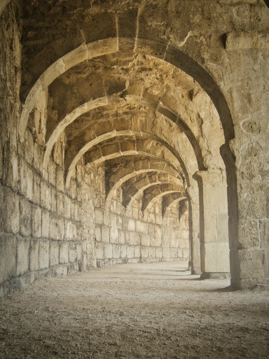 a row of arches sit in an alley next to brick walls