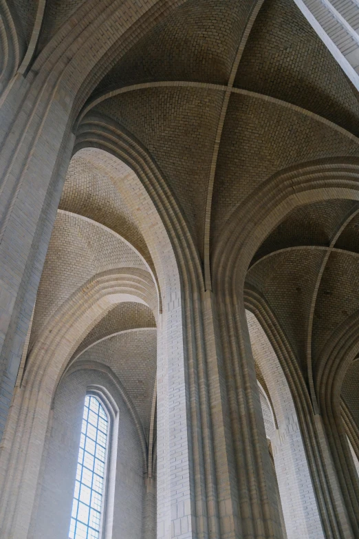 an elaborate vaulted gothic cathedral with stone walls and a stained glass window