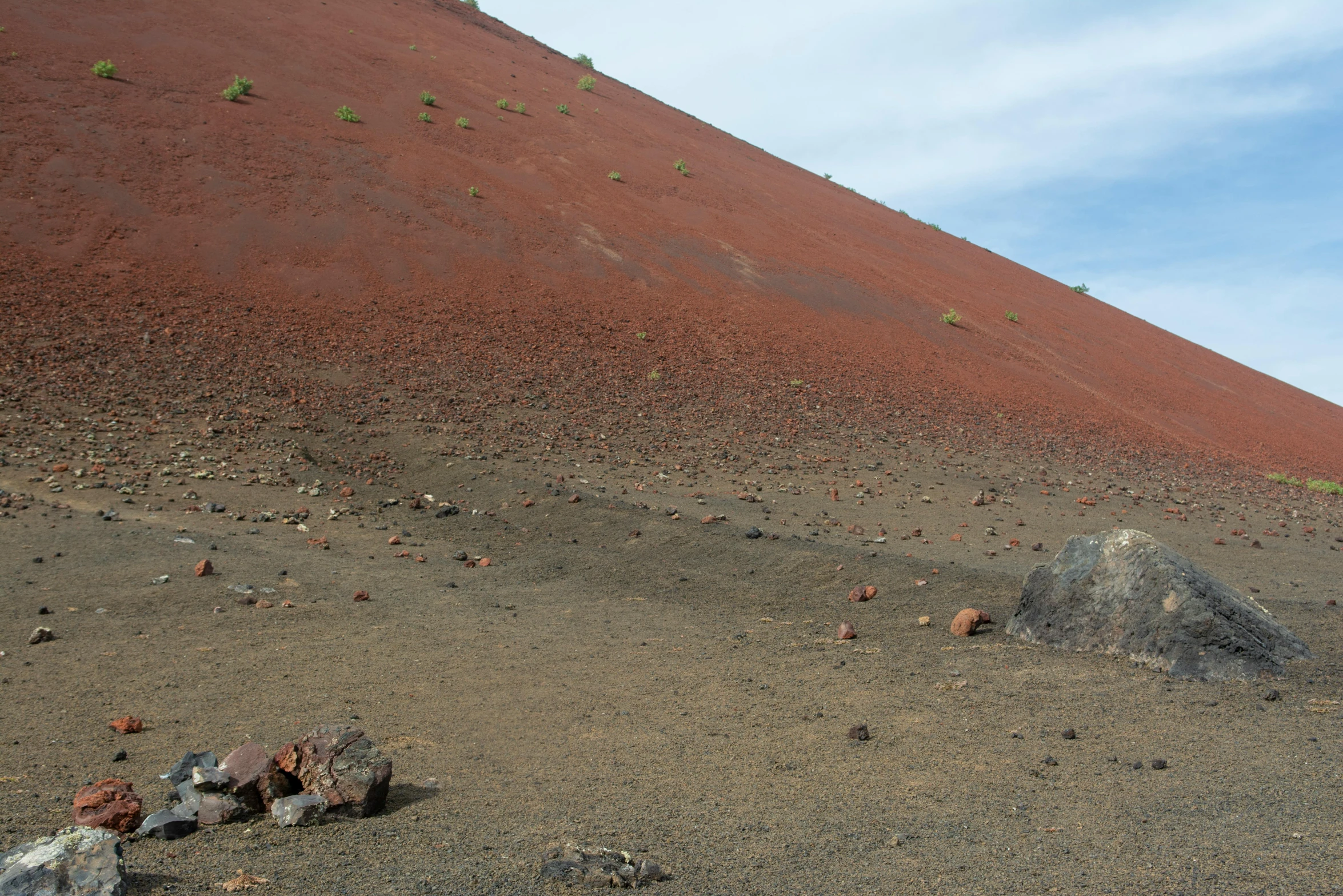 an arid plain with a hill and rocks below