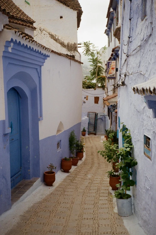 an old street with plants in pots