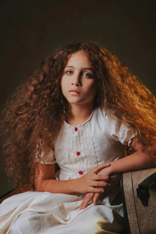 a little girl with long hair sitting in front of a piano