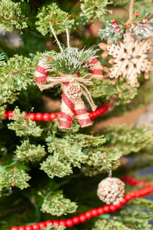 some christmas decorations are hung on a christmas tree