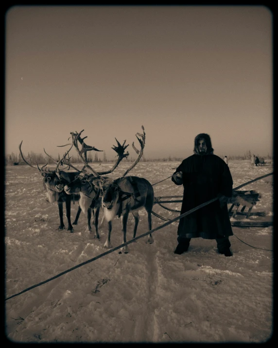 a man wearing black walking with reindeers behind him