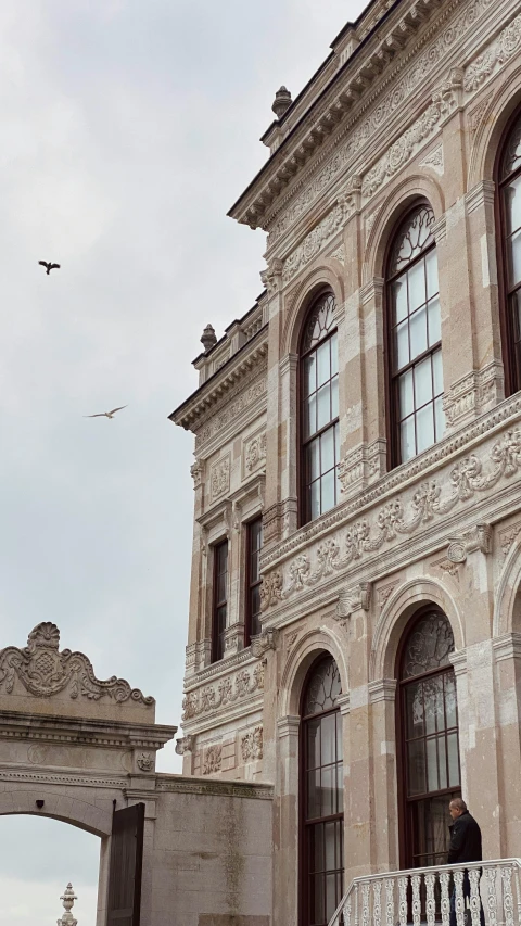 a person walking by an old building and some birds flying by