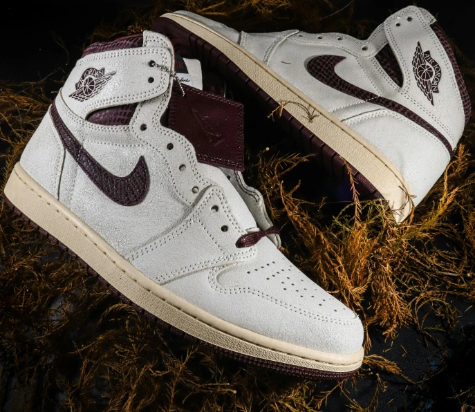 the pair of white and maroon sneakers on some dry grass