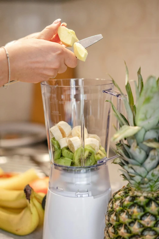 someone is putting fruits in a blender in a kitchen