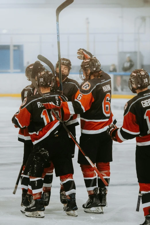 the hockey team is congratulated by one another on the ice