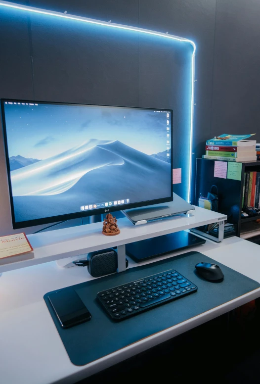 there is a computer and book shelf in this room