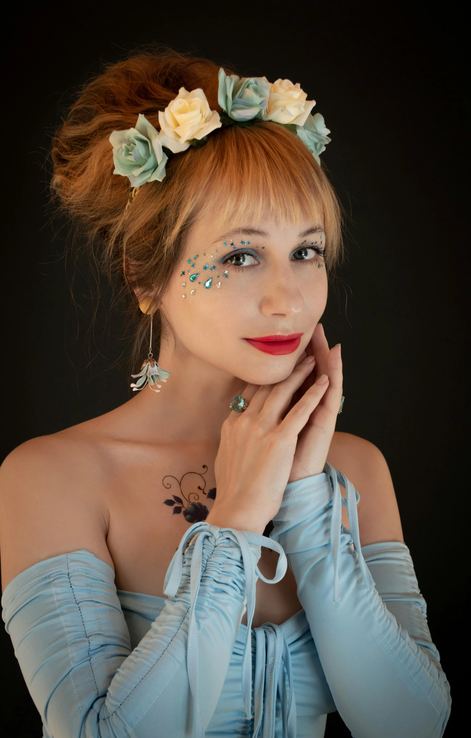 a woman wearing some sort of jewelry on her neck