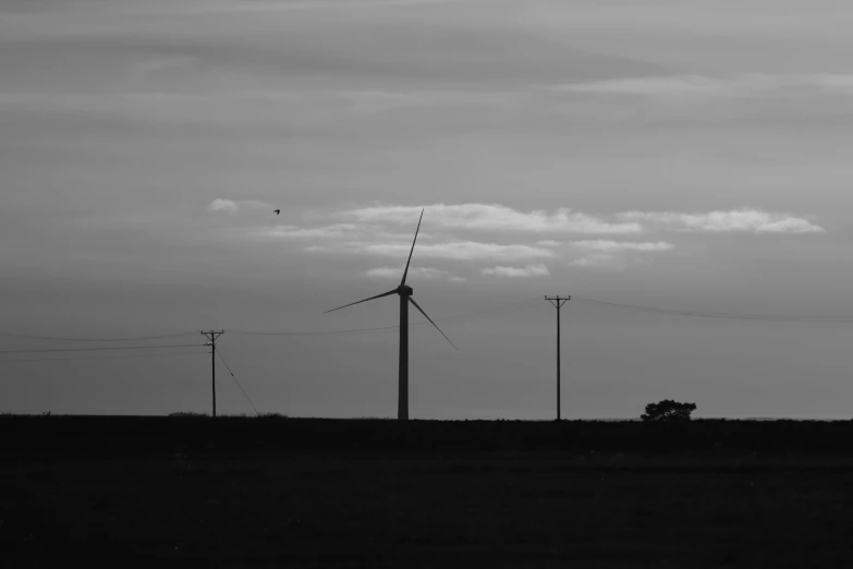 two wind mills behind power lines on an overcast day