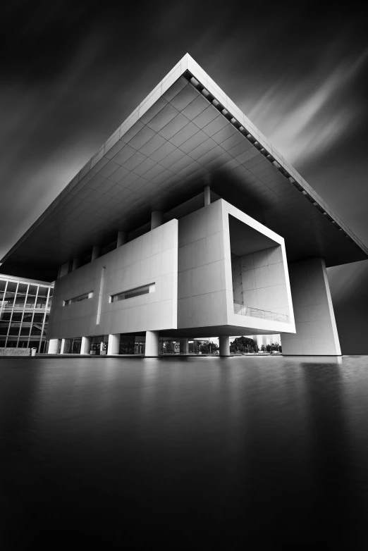 a large building with a very long roof