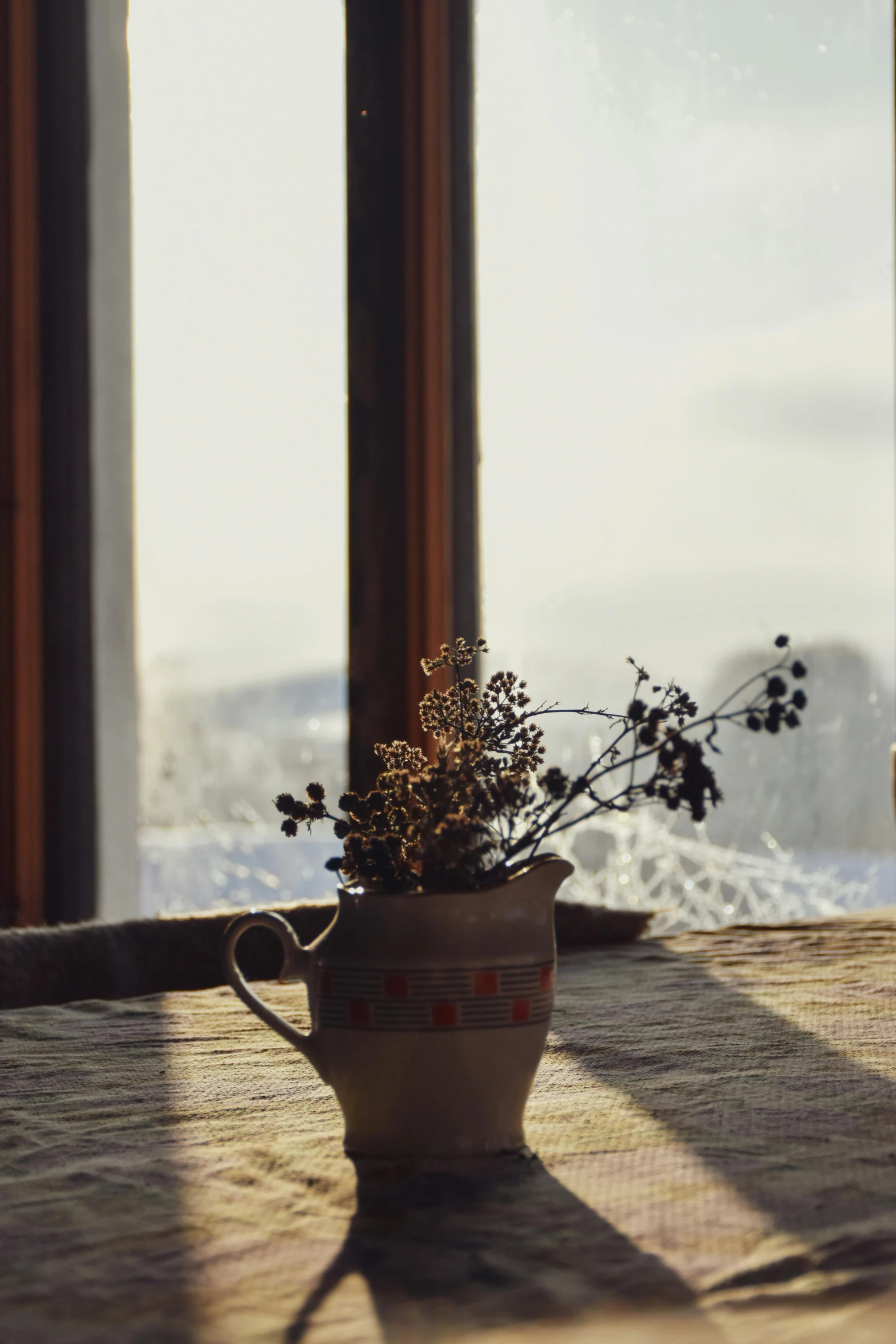 flower in small cup with mountains in background
