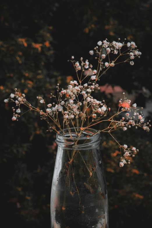 a jar filled with water and lots of flowers