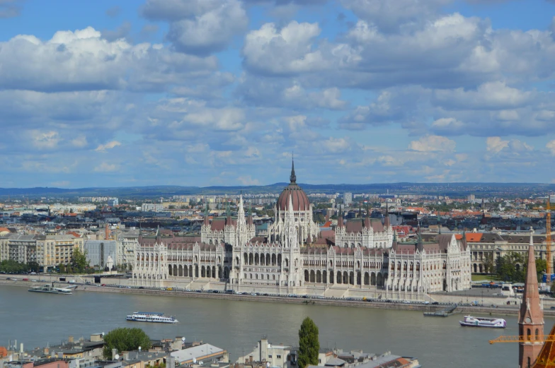 a view of an old church with many spires