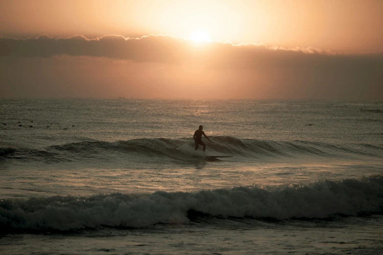 the surfer is watching the sun go down at the beach